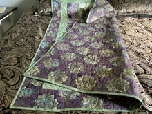 Load image into Gallery viewer, Amish Style Quality Quilt, 47”w x 62.5”l, with Purples and Greens in a Batik Fabric