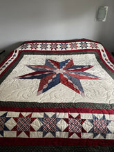 Load image into Gallery viewer, Quilt, Handmade Quality, 84.5”w, x 92.5”l, Reds, Blues,  Greens, Burgundy, and Creams