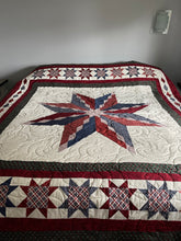 Load image into Gallery viewer, Quilt, Handmade Quality, 84.5”w, x 92.5”l, Reds, Blues,  Greens, Burgundy, and Creams
