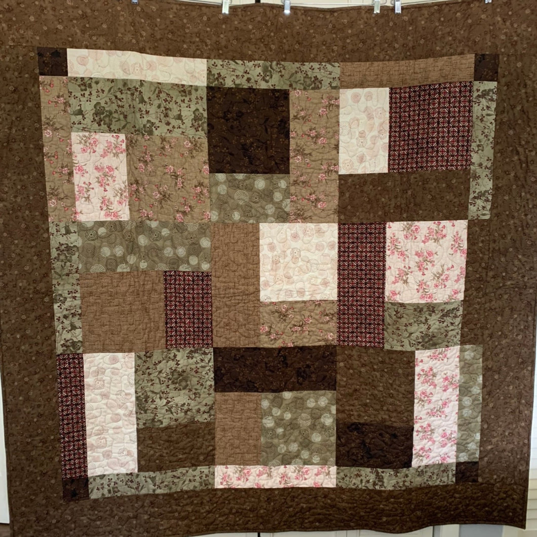 Amish Style Handmade Quilt, XL Lap Size 65”w x 65”l, mostly Brown & Beige Tones