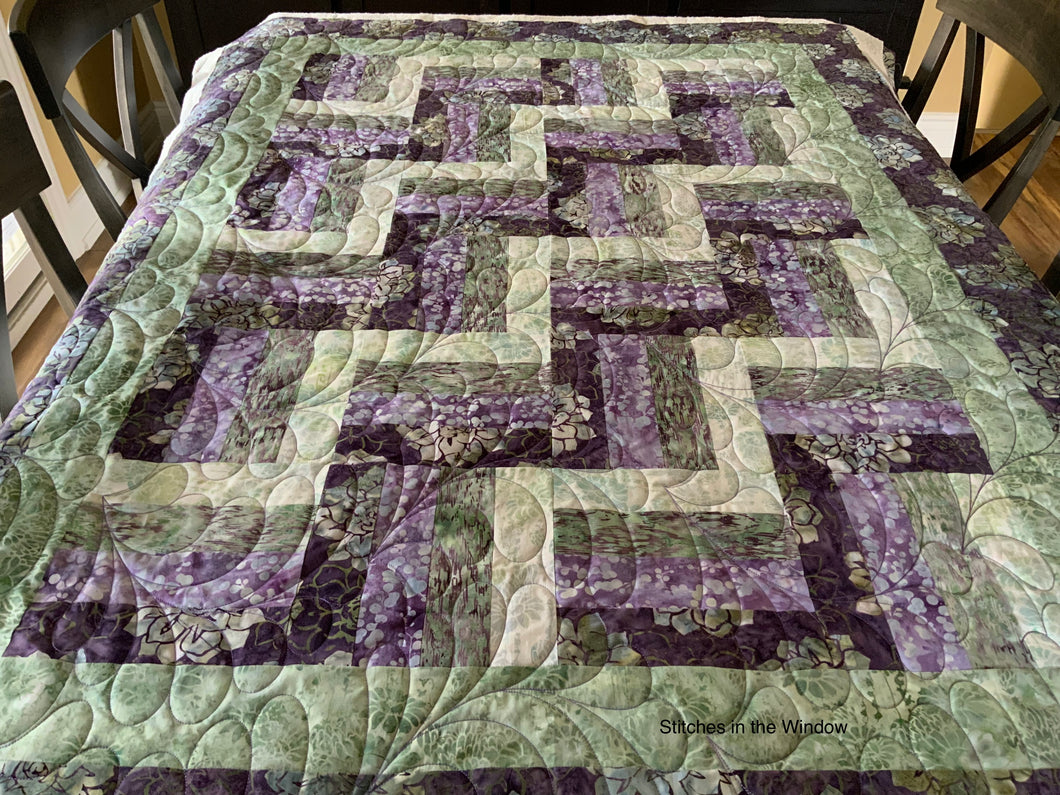 Amish Style Quality Quilt, 47”w x 62.5”l, with Purples and Greens in a Batik Fabric