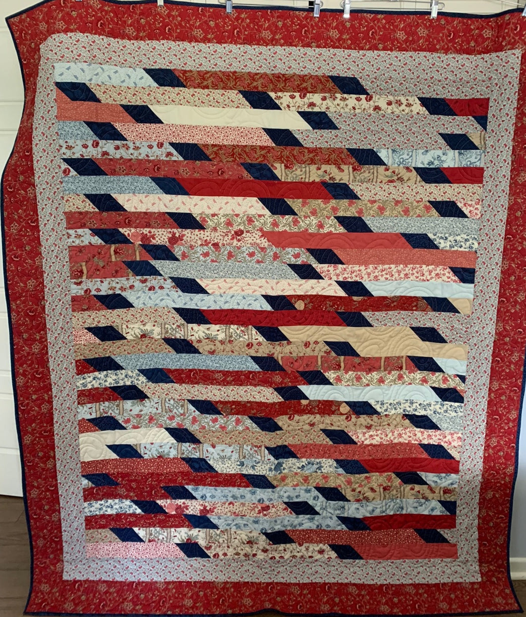 One-of-a-Kind Amish Style Quality Handmade Quilt, “Benny” is 66w x 79l, Reds, Blues, Greens and Ivory