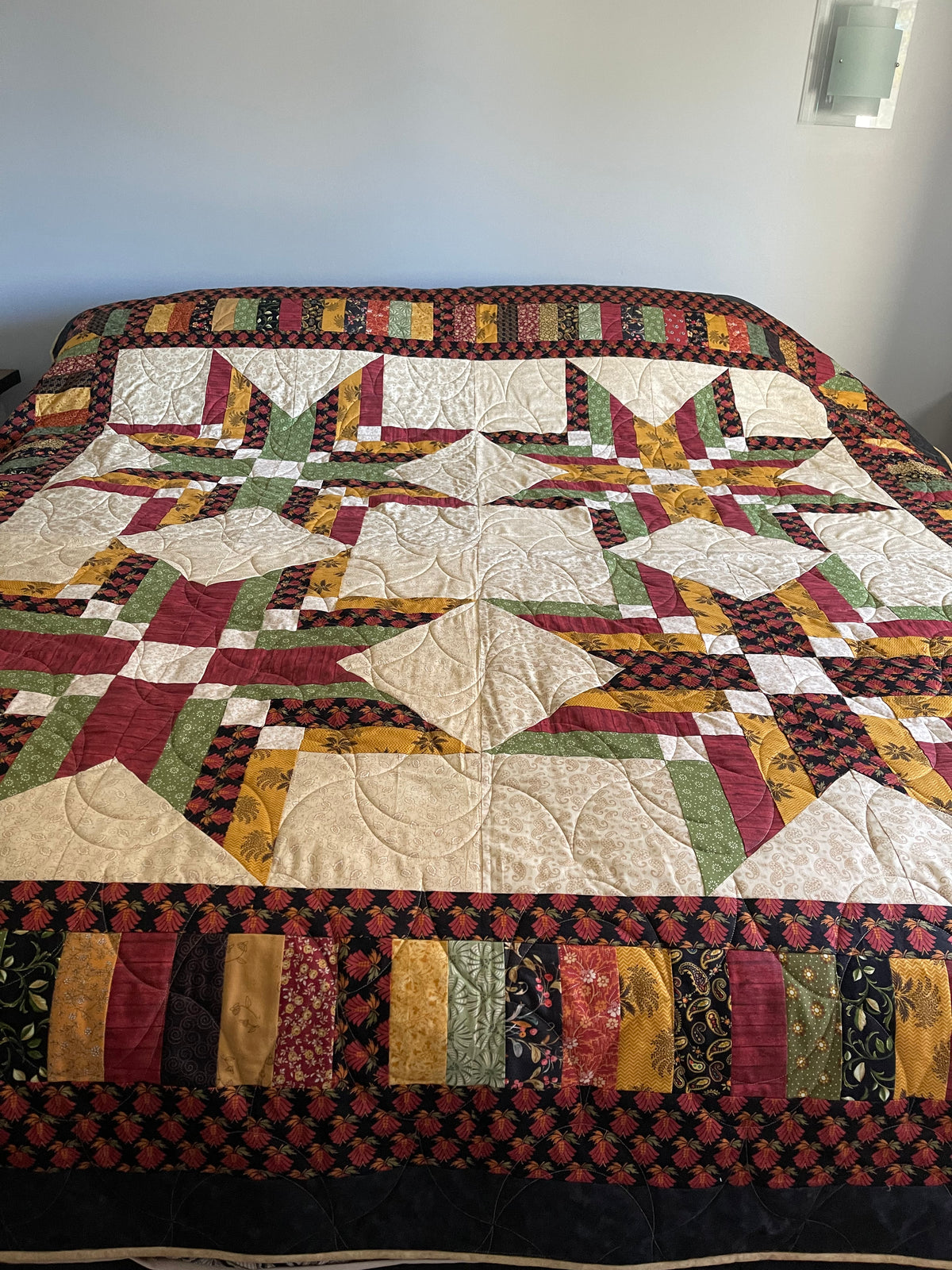 Amish Style Quality Quilt, 90”w x 90”l, Blacks, Rust, Yellows, Gold, Green w. Black Border