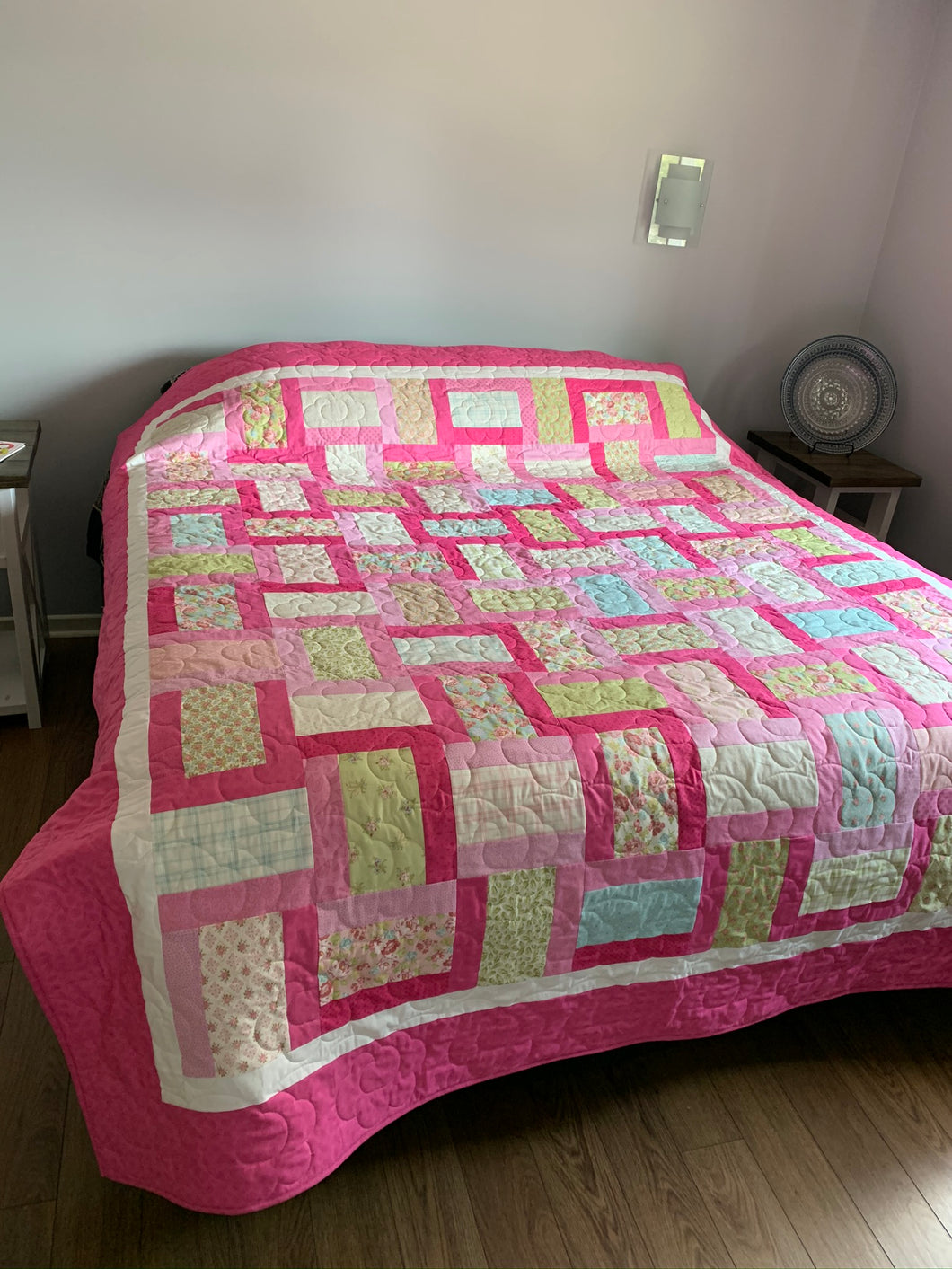 QUILT, Handmade Amish Style Quality Quilt, One-of-a-Kind- Pinks, Greens & Robin Blue Queen/King Size